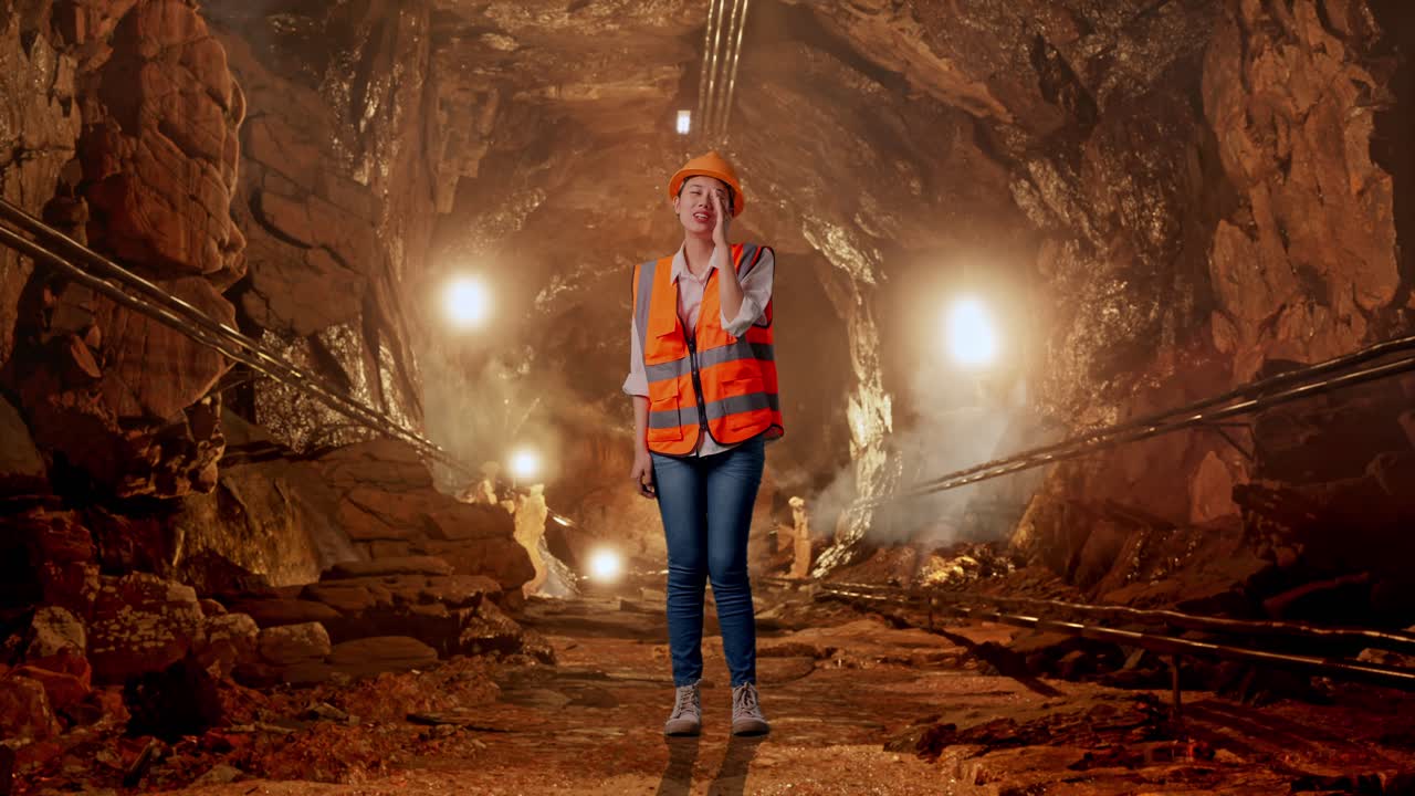 Woman Miner in Tunnel Expressing Surprise