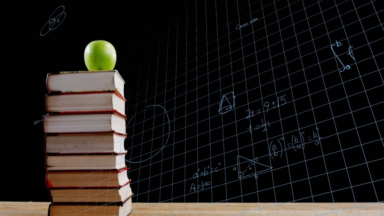Animation of stack of books and apple over mathematical equations and formulae