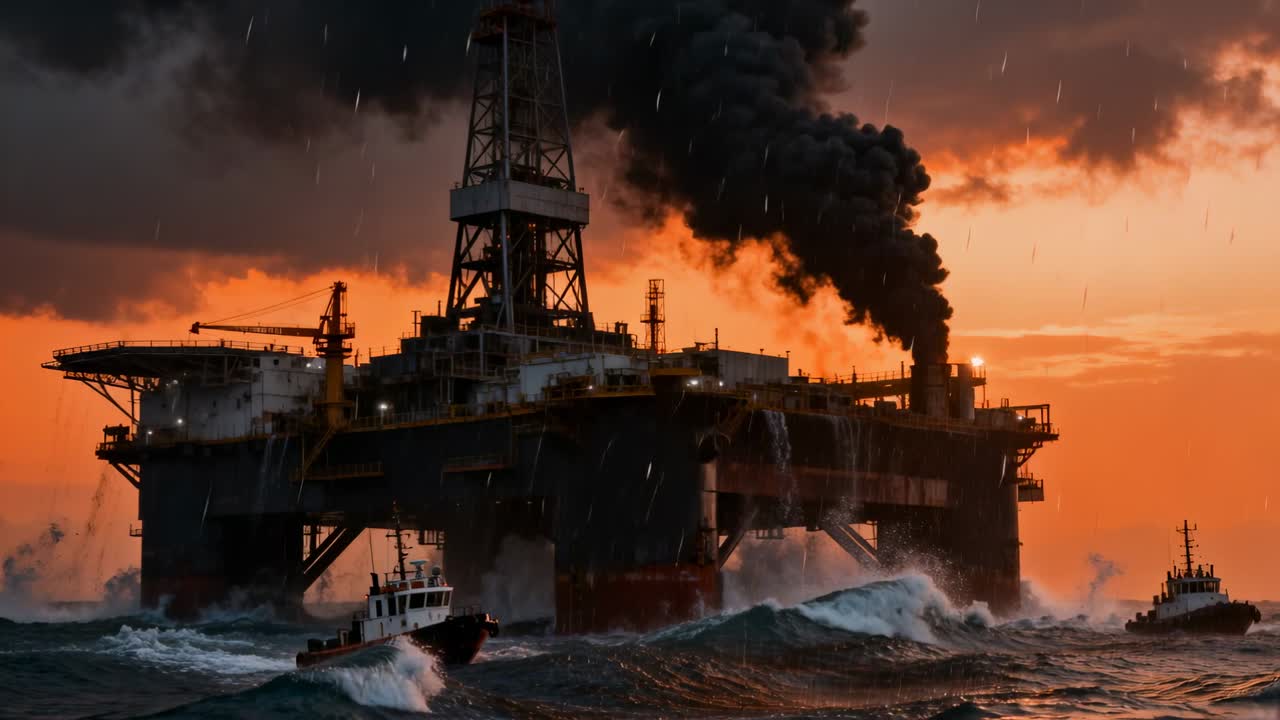Svulmende offshore olieplatform udsender sort røg ved solnedgang, slæbebåde bekæmper brand med vandsprøjt.