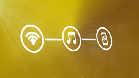 animación de wifi con música y iconos de teléfono que forman un diagrama de flujo en fondo amarillo