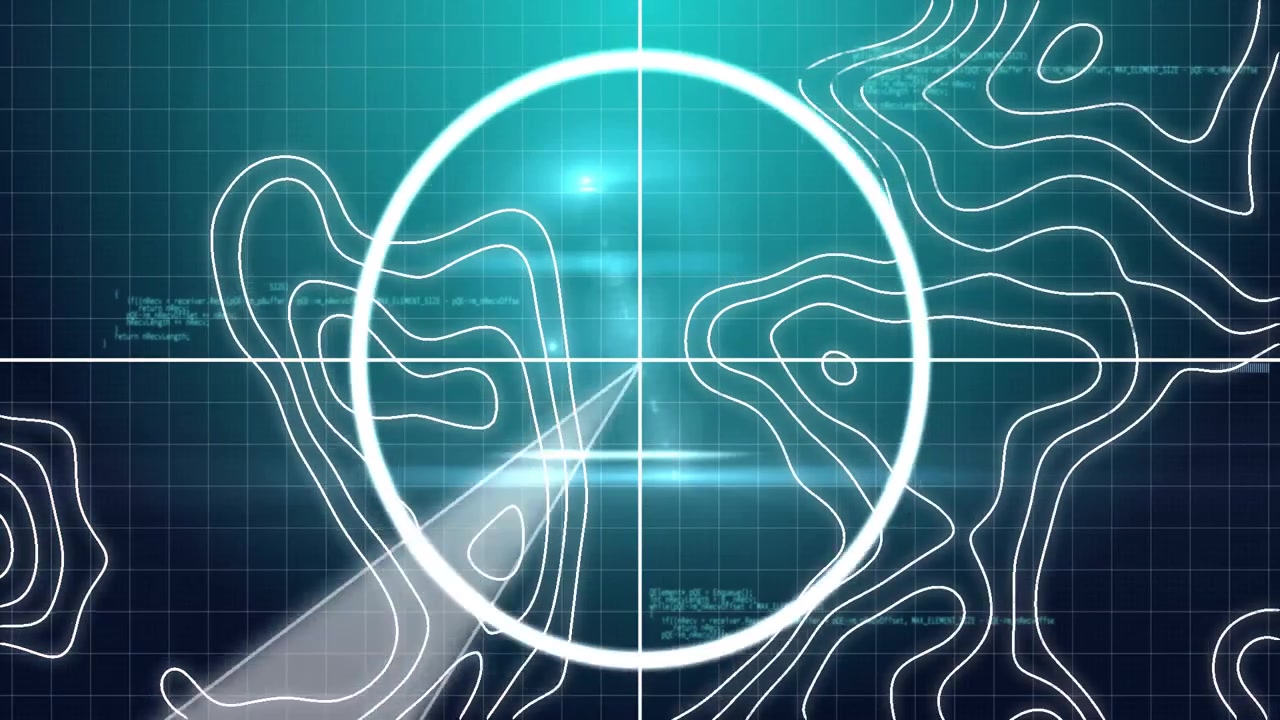 Crosshair appearing on grid, rings rotating, scanning beam sweeping outward flashing starburst