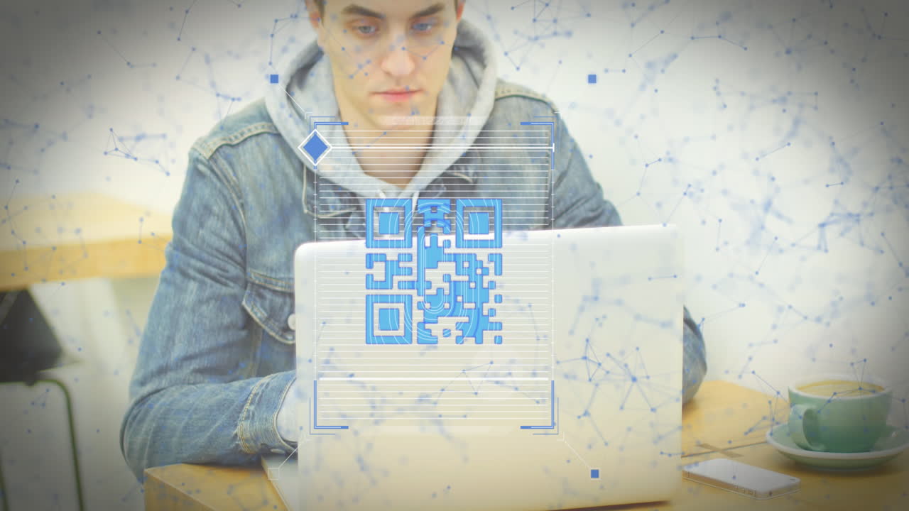 анимация qr-кода и форм над кавказским человеком с помощью ноутбука.