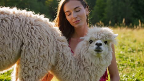 woman and alpaca in a sunny field