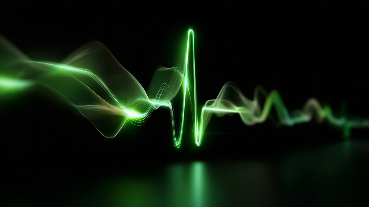 A Visual Representation of Sound Waves and Heartbeat Patterns in Green Light, Capturing the Flow and Rhythm of Energy, Creating a Dynamic Contrast Against a Dark Background for an Engaging Aesthetic Display