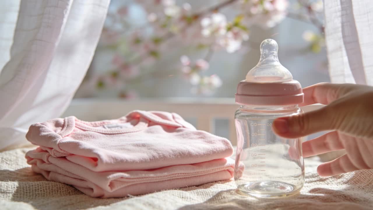 Mano entrando, agarrando y levantando un biberón de una mesa cerca de ropa rosa doblada para la alimentación.