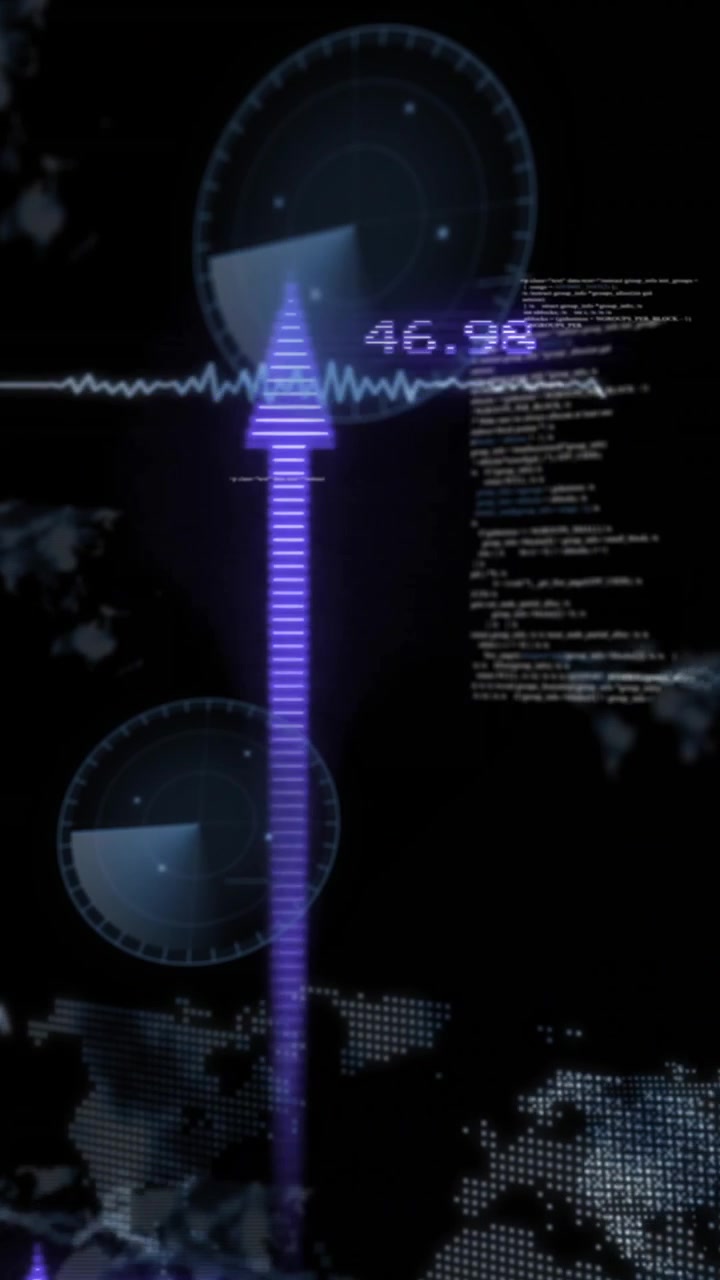 Animation of financial data processing with arrows over black background