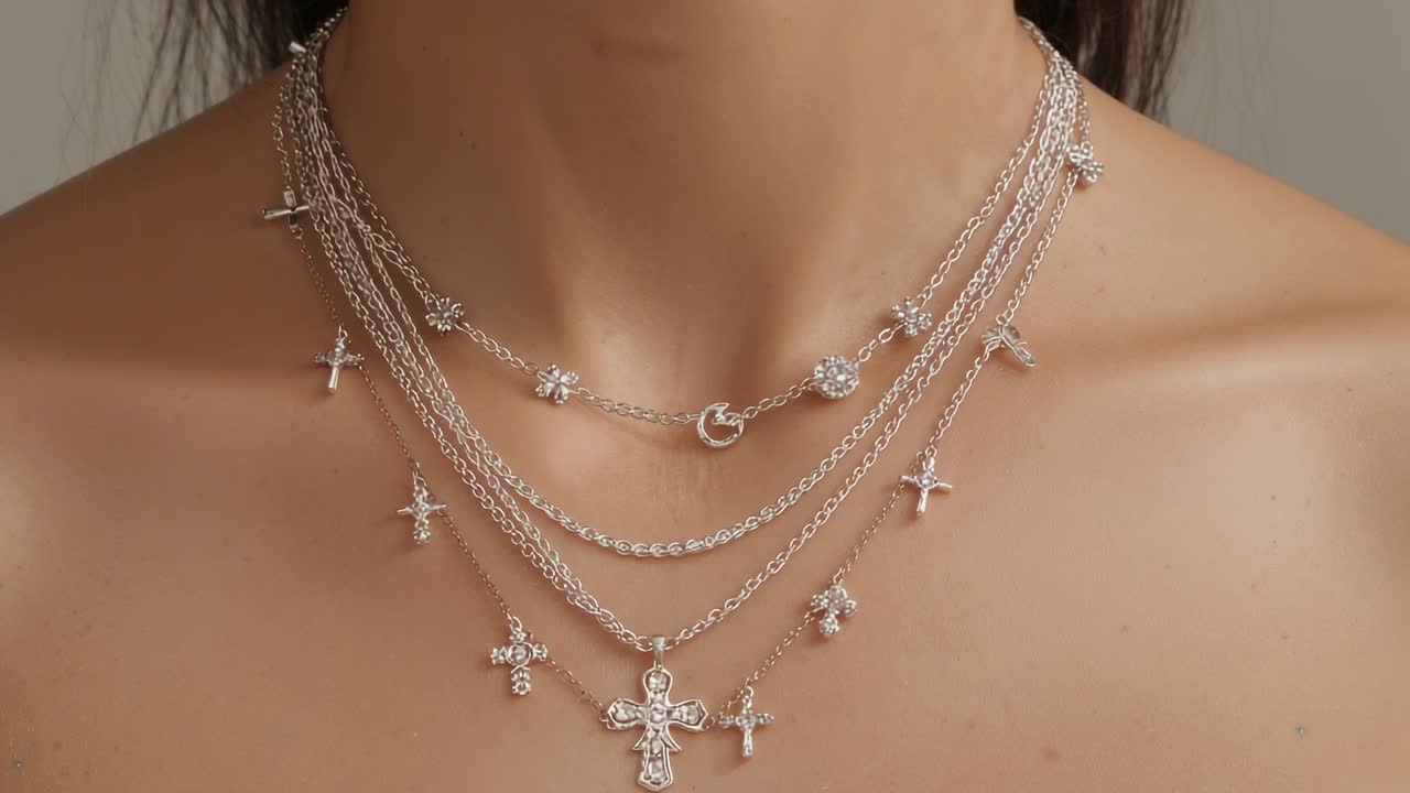 Tilting woman's neck, bare skin showing, shifting layered silver chains in studio, revealing cross
