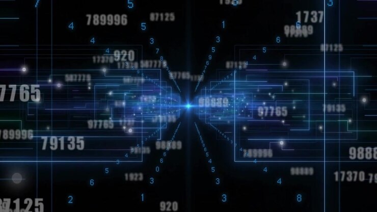 Bright blue point appearing and spurring neon blue lines growing with digits showing data flow