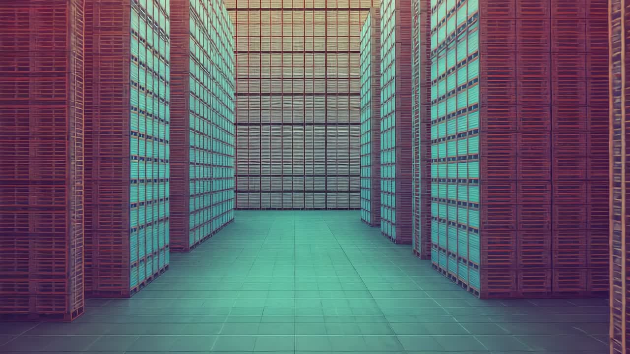 Shifting lights casting teal and orange tones along warehouse aisle, illuminating crate stacks