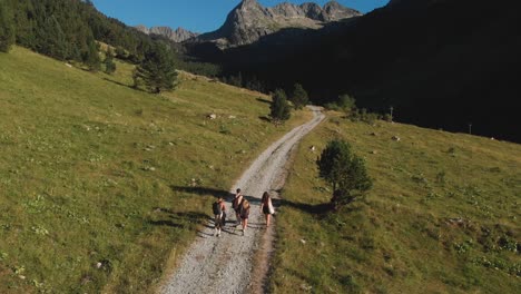 aerial drone shot of friends walking down a road into the shadows of a huge mountain