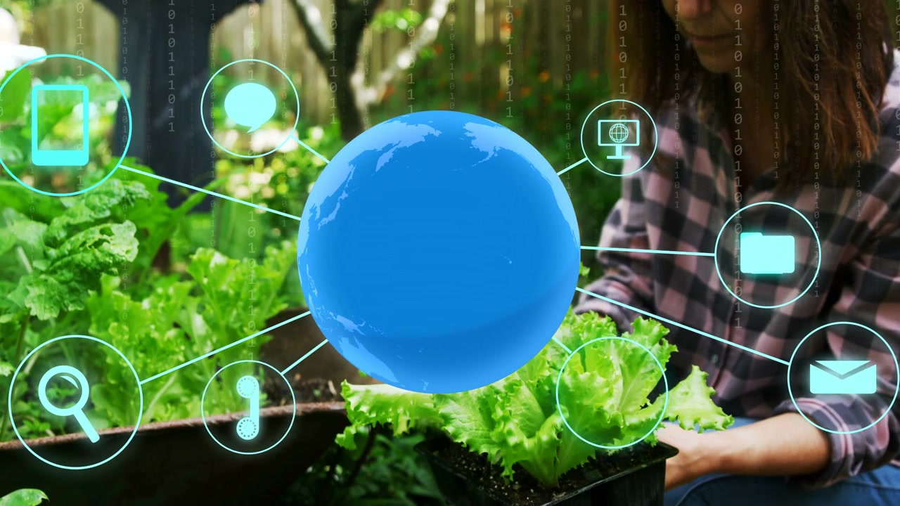 Donna inginocchiata presso una fioriera che pianta piantine, globo e icone che emergono sopra le piante come tecnologia per il giardinaggio