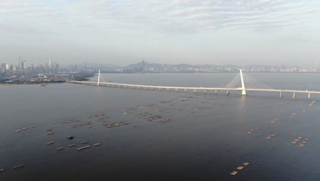 Hong-Kong-Shenzhen-Bay-Bridge-with-Tin-Shui-Wai-buildings-in-the-horizon-and-Fish-and-Oyster-cultivation-pools,-Aerial-view