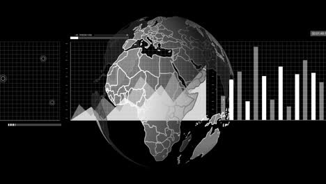 animación del procesamiento de datos financieros y globo sobre fondo negro.