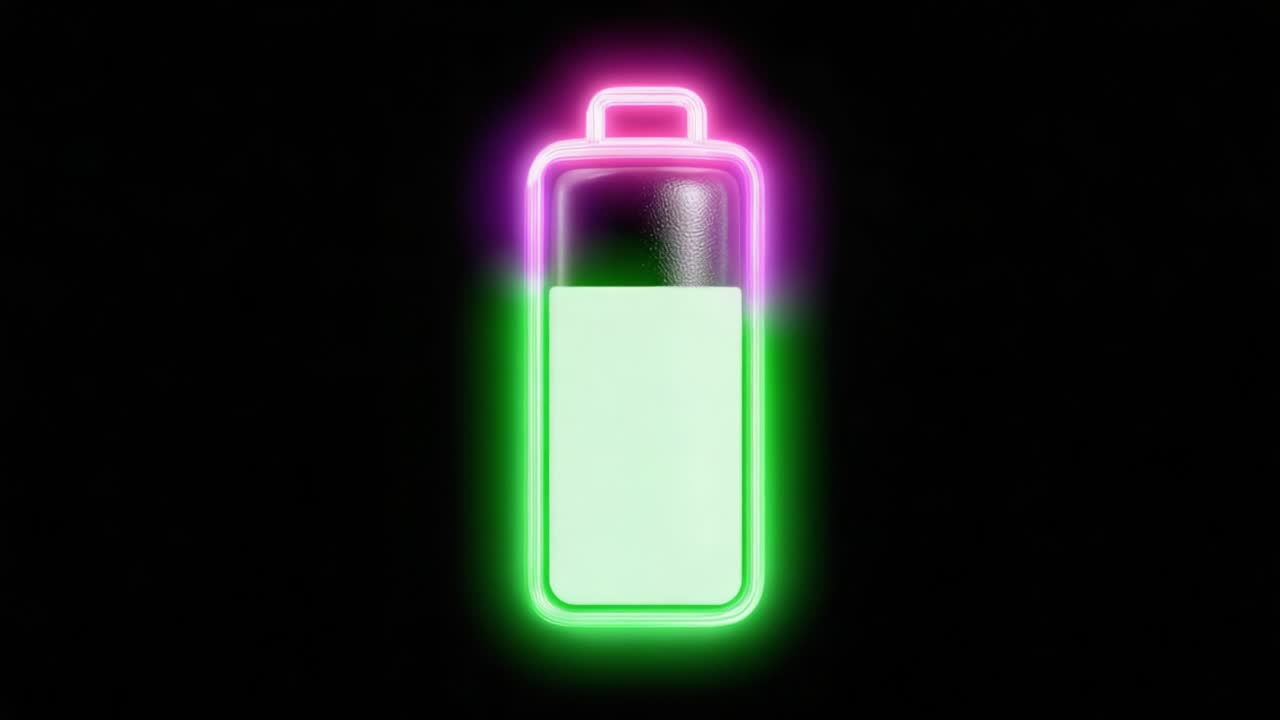 A Vibrant Neon Battery Icon Transitioning from Empty to Full Charge, Visualizing Energy Levels with Colorful Glows in a Dark Background