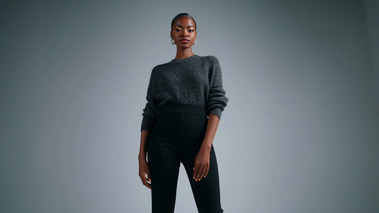 Elegant Woman Posing in Grey Sweater and Black Pants
