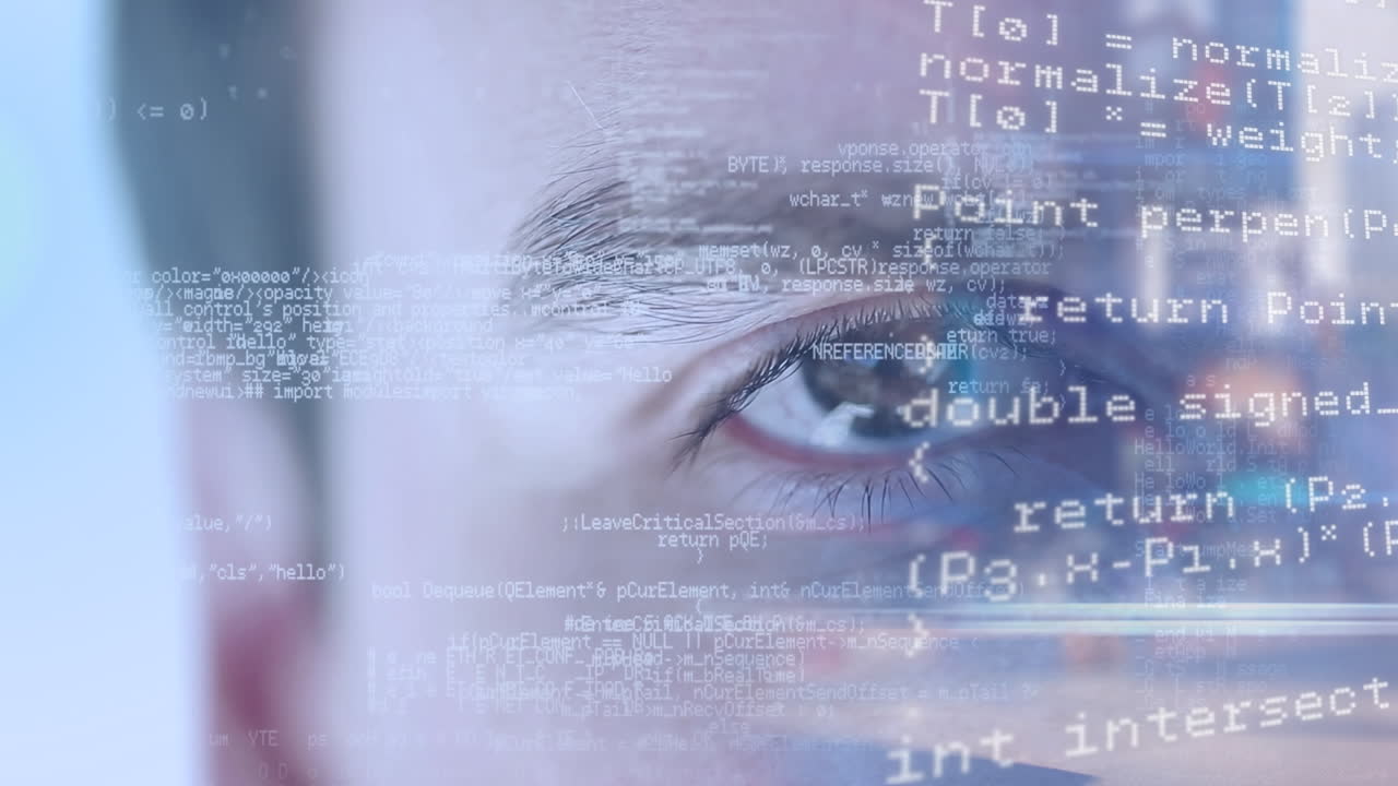 animación de procesamiento de datos sobre el ojo del hombre caucásico