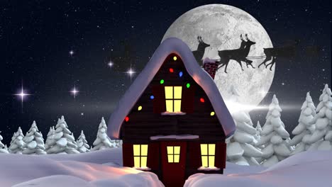 animation of winter scenery with santa claus in sleigh pulled by reindeers