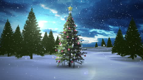 Snow-falling-christmas-tree-in-snowy-landscape