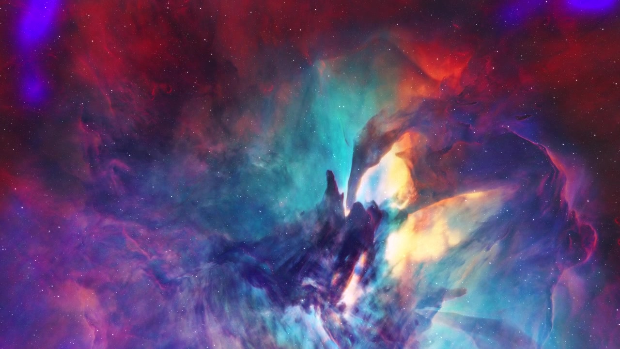 Volando attraverso una nebulosa spaziale colorata