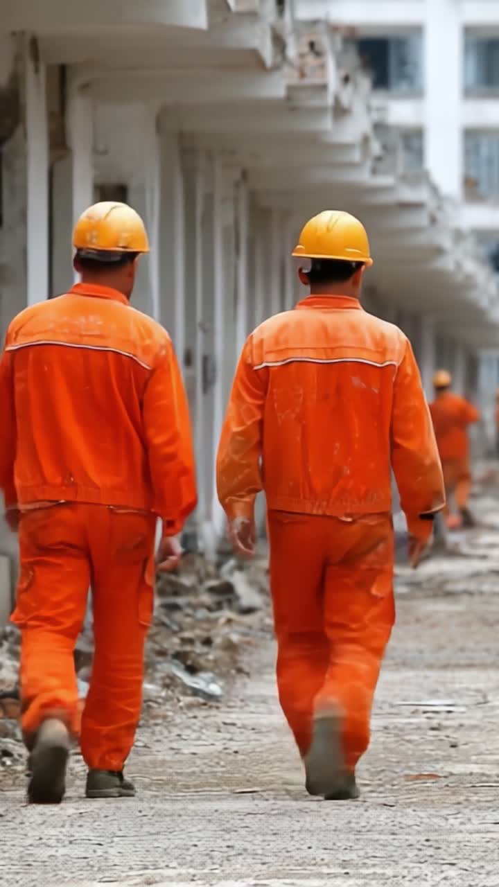 Construction Workers in Orange Overalls Walking Through a Renovation Site, Displaying Teamwork and the Essence of Hard Work in a Transformative Urban Environment