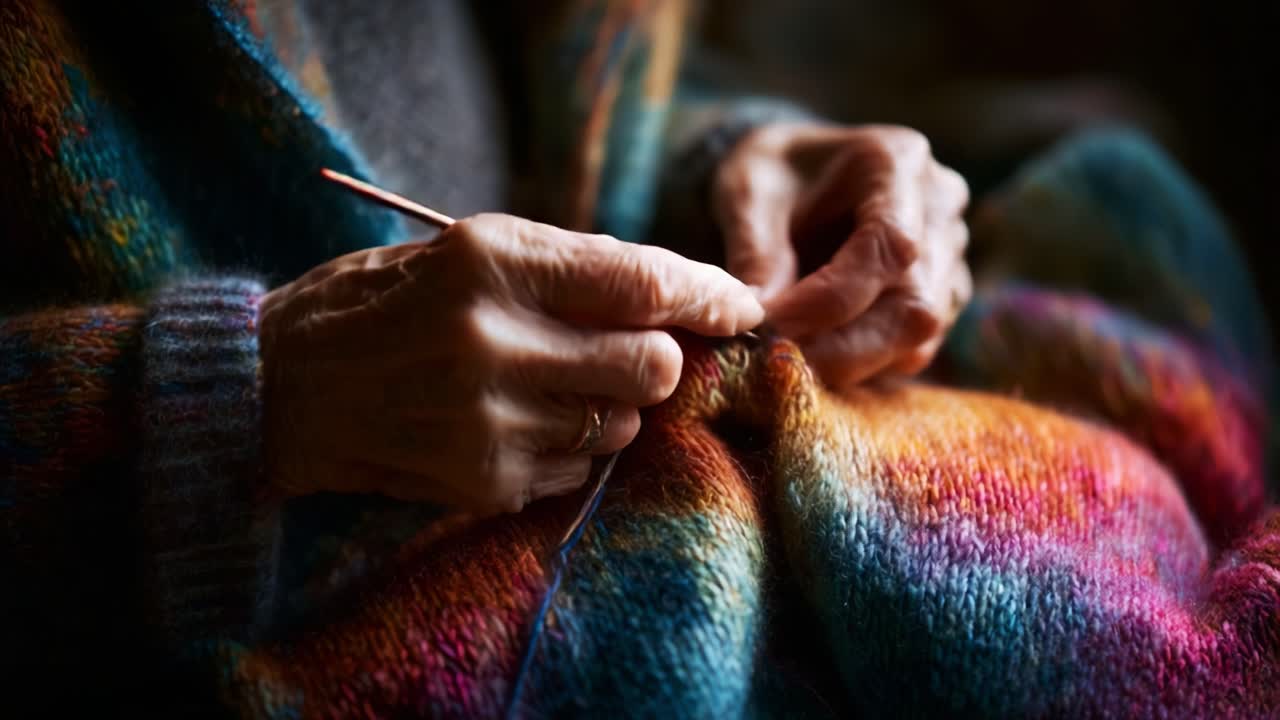 A skilled artisan's hands delicately crochet vibrant threads into a colorful tapestry, showcasing the art of textile creation and the beauty of meticulous craftsmanship in action