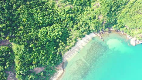 Pristine-secret-exotic-sandy-beach-between-cliffs-of-beautiful-coastline-of-tropical-island-with-lush-vegetation,-washed-by-turquoise-lagoon,-Vietnam