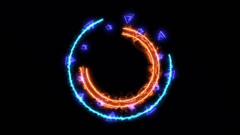 absract hot orange power and blue energy circle line glow light and triangel and hexagon star all rotation