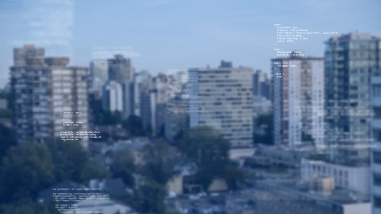 animación del procesamiento de datos frente a una vista aérea de edificios altos