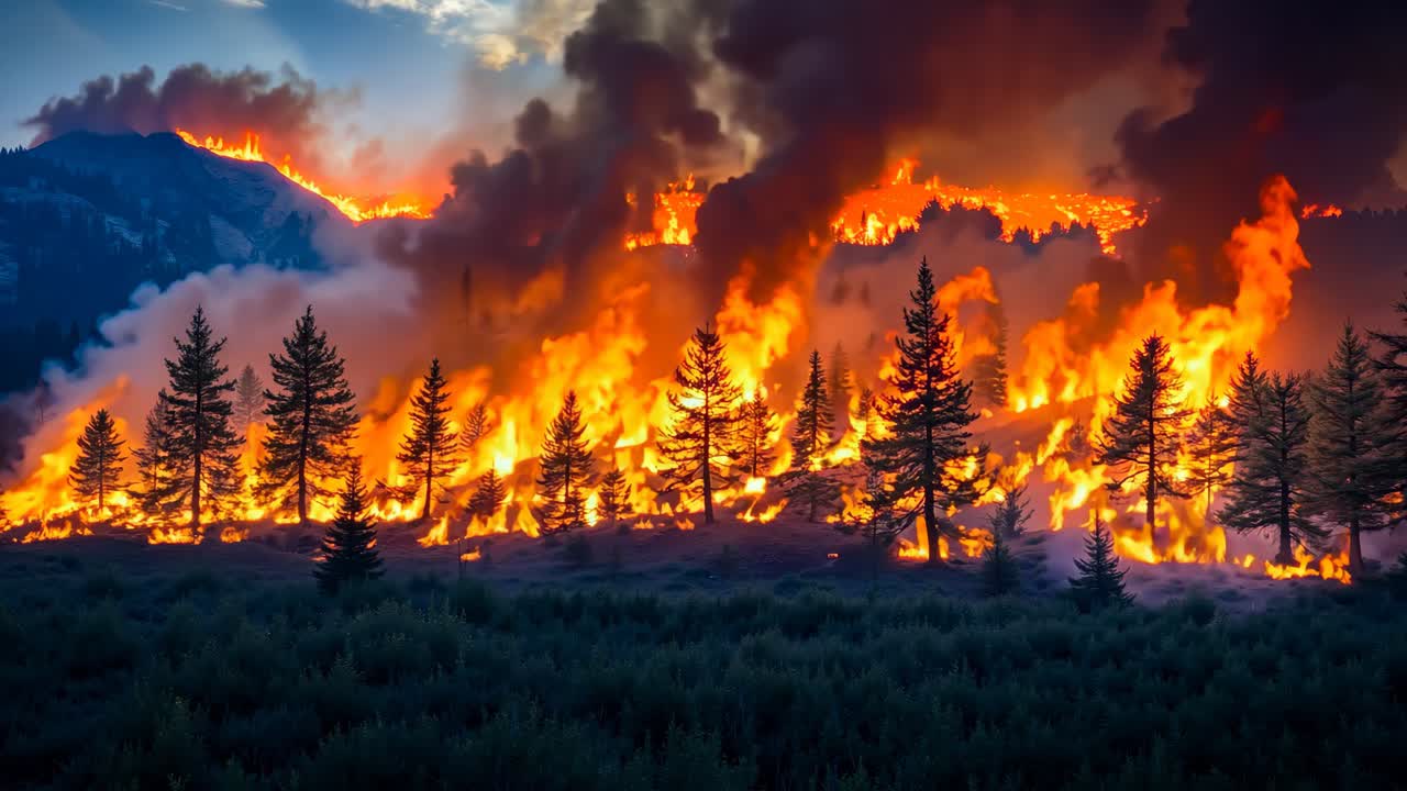 Un grande fuoco sta bruciando in mezzo a una foresta.