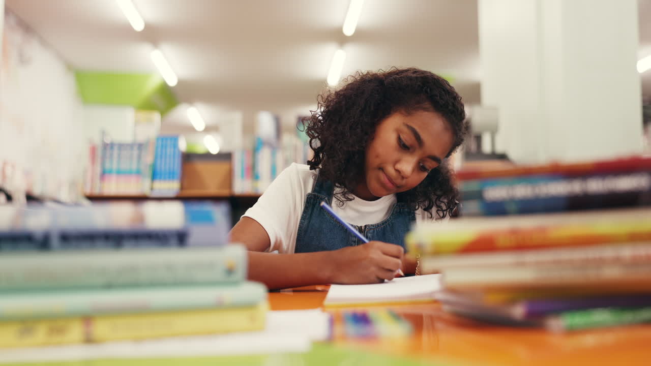 Una bambina che studia in biblioteca