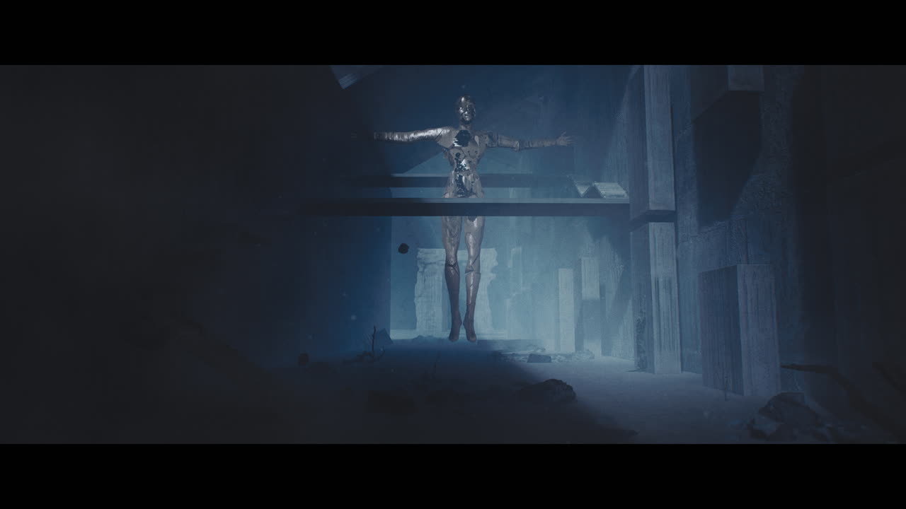 Floating Robot in a Desolate Cityscape