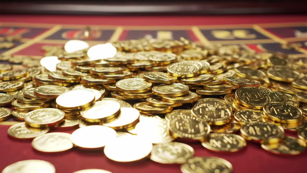 A Dramatic close-up of shiny golden coins spilling onto a roulette table, showcasing the thrill of gambling and the allure of potential fortune and excitement