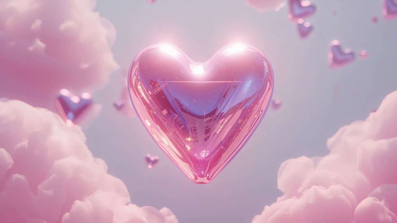 Drifting large metallic pink heart initiating slow spinning in pastel sky, with floating hearts
