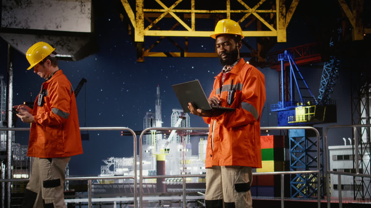 Black offshore engineer monitoring oil rig platform operation using laptop