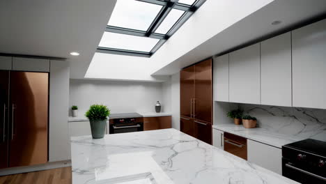 a modern luxury kitchen with marble countertops and copper accents