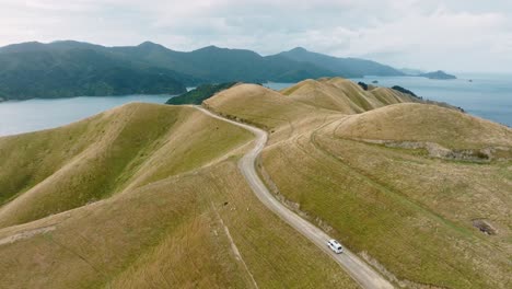 aerial drone view of white campervan on road trip traveling along a remote road exploring the te aumiti french pass region of marlborough sounds, south island of new zealand aotearoa