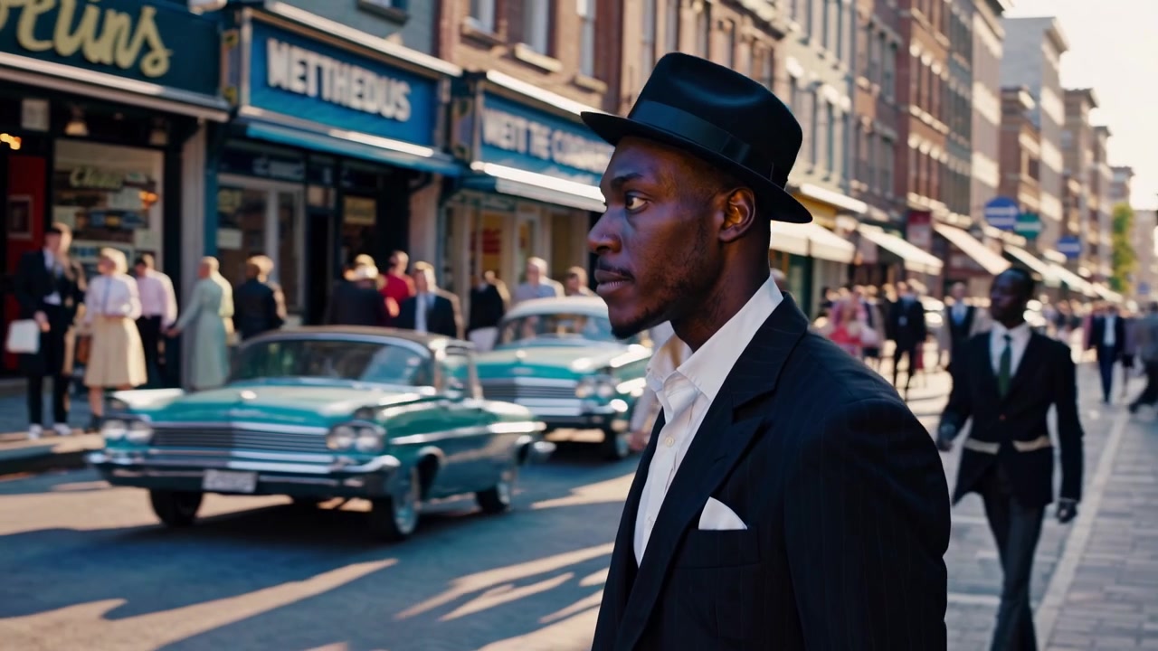 Uomo Elegante con Fedora in Piedi su una Trafficata Strada Cittadina degli Anni '50