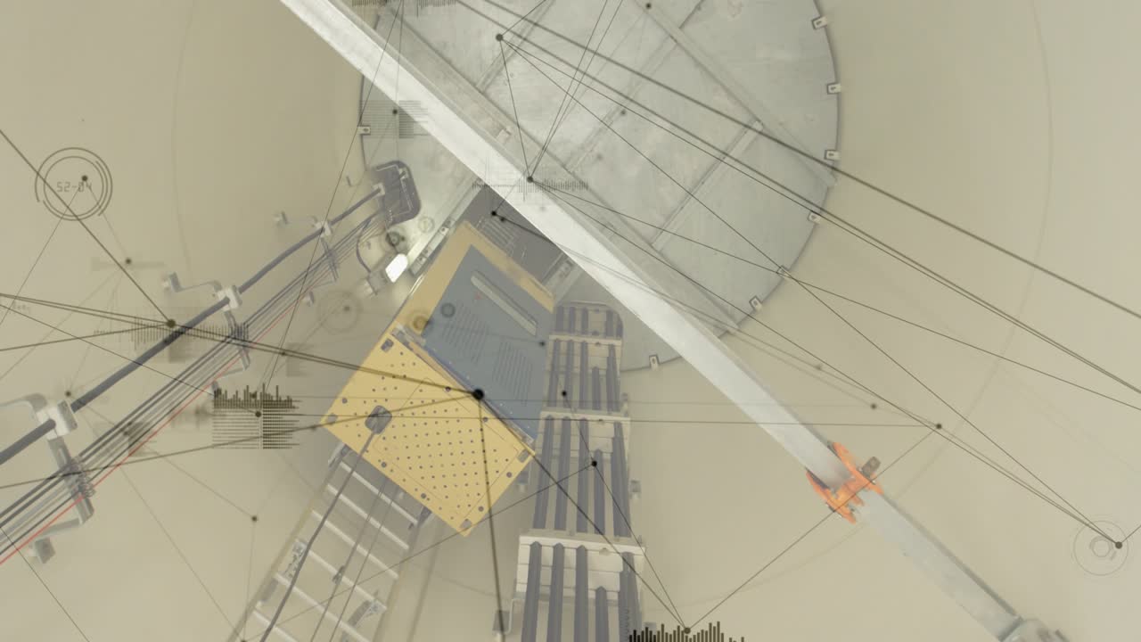 HUD node pulsing, camera rotating, overlay lines joining around yellow box, angled arm, mapping