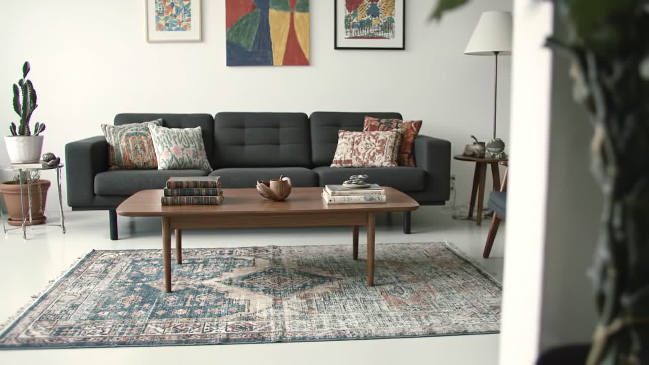 Elegante soggiorno moderno con divano confortevole, tavolino raffinato e opere d'arte vivaci, per un'atmosfera accogliente all'insegna del relax e della socializzazione