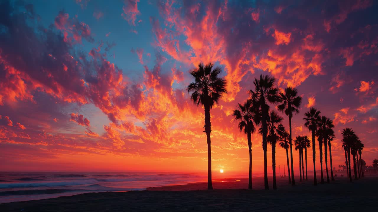 A Breathtaking Sunset Over the Ocean, Silhouetted Palm Trees and Vibrant Clouds Create a Stunning Tropical Beach Scene at Dusk