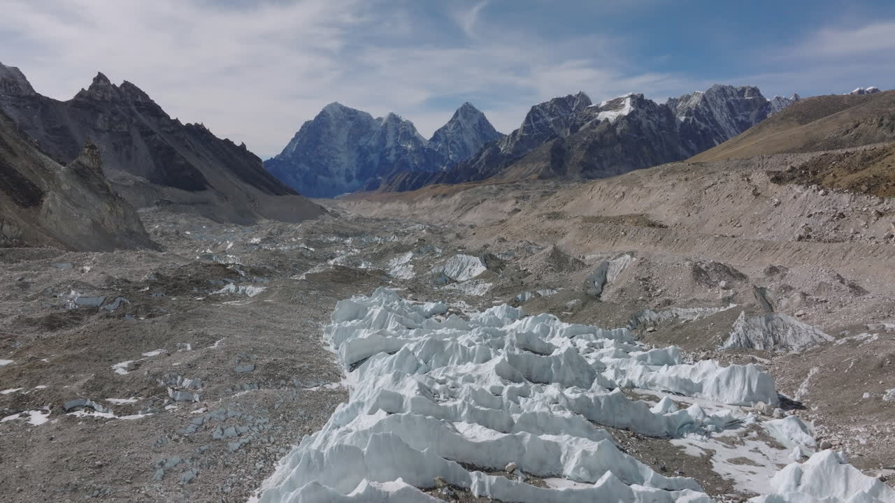 Aerial drone footage of the melting Khumbu Glacier at Everest Base Camp, Nepal