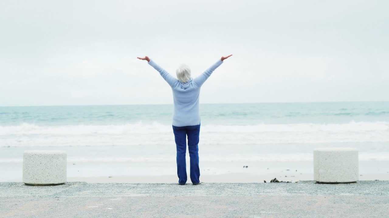 해변 에 서 있는 고위 여성 의 뒷면