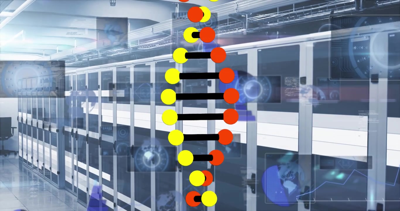 Animation of dna strand and data processing over server room