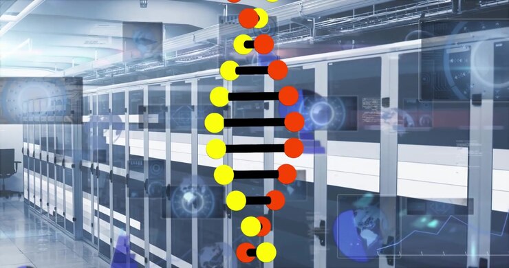 Animation of dna strand and data processing over server room
