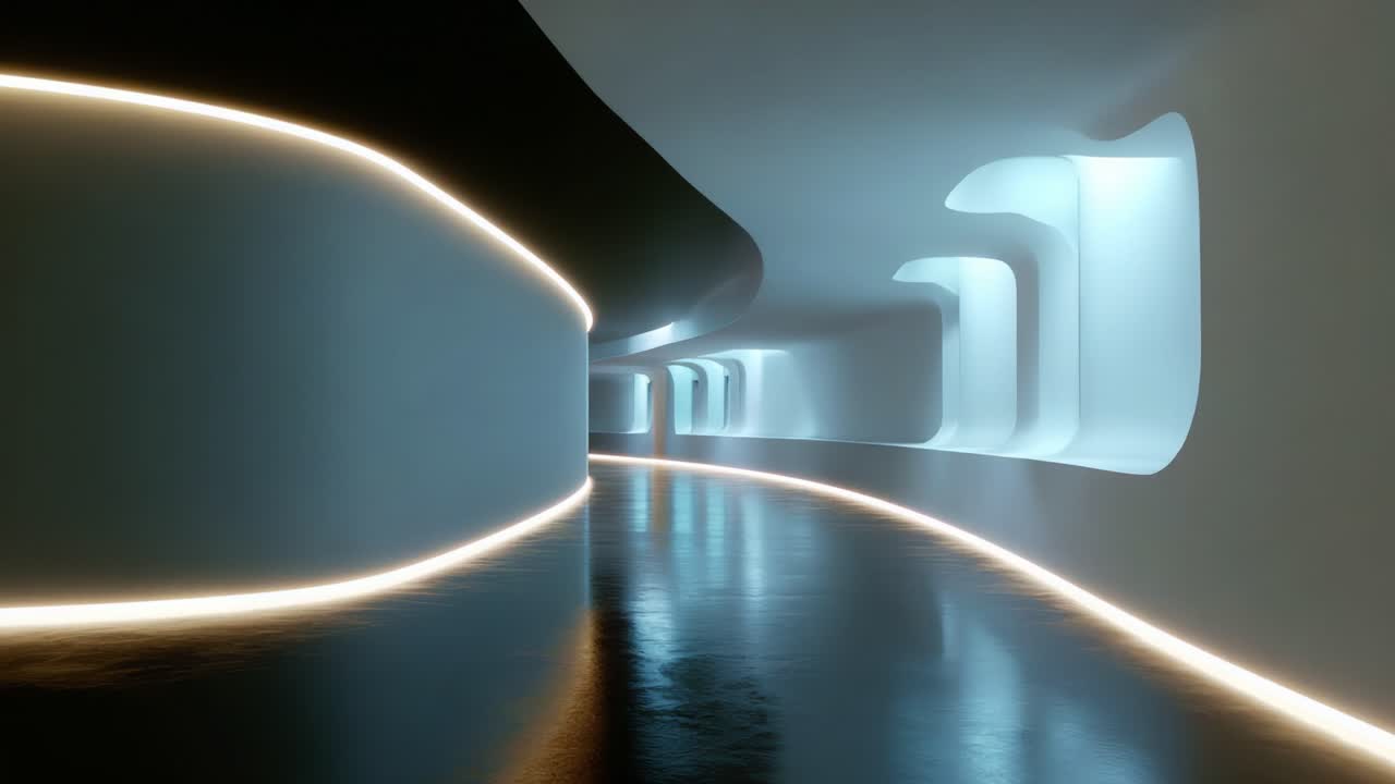 Futuristic Interior Corridor with Soft Ambient Lighting and Smooth Curves Creating an Inviting Atmosphere for Exploration, Innovation, and Architectural Design Inspiration in a Unique Space