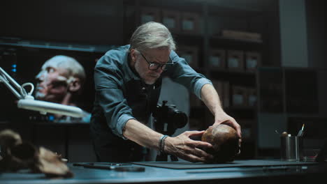 anthropologist examining skull in laboratory