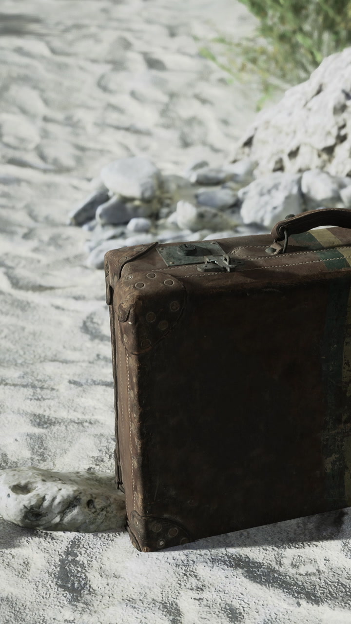 Old suitcase resting on sandy beach near rocky shore in bright sunlight