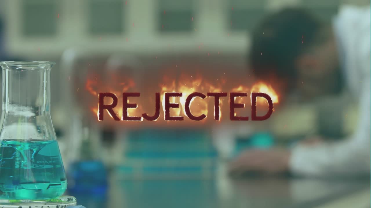 Animation of rejected text over caucasian male scientist with beakers