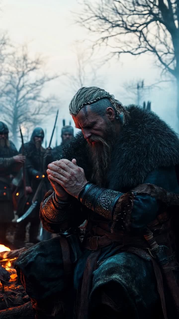 Viking warrior kneeling in prayer by the fire