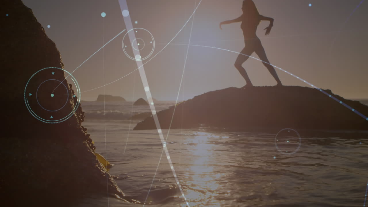 해변에서 요가를 연습하는 백인 여성에 대한 연결 네트워크의 활성화